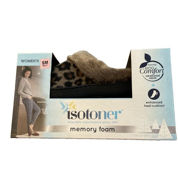 Isotoner Women's Slip On Memory Foam Eco Comfort leopard Erin Slippers S 6.5-7 - Picture 2 of 3